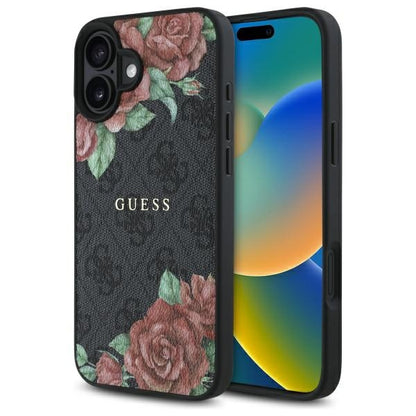 MagSafe Case for Apple iPhone 16, Guess, 4G Flowers Print, Black