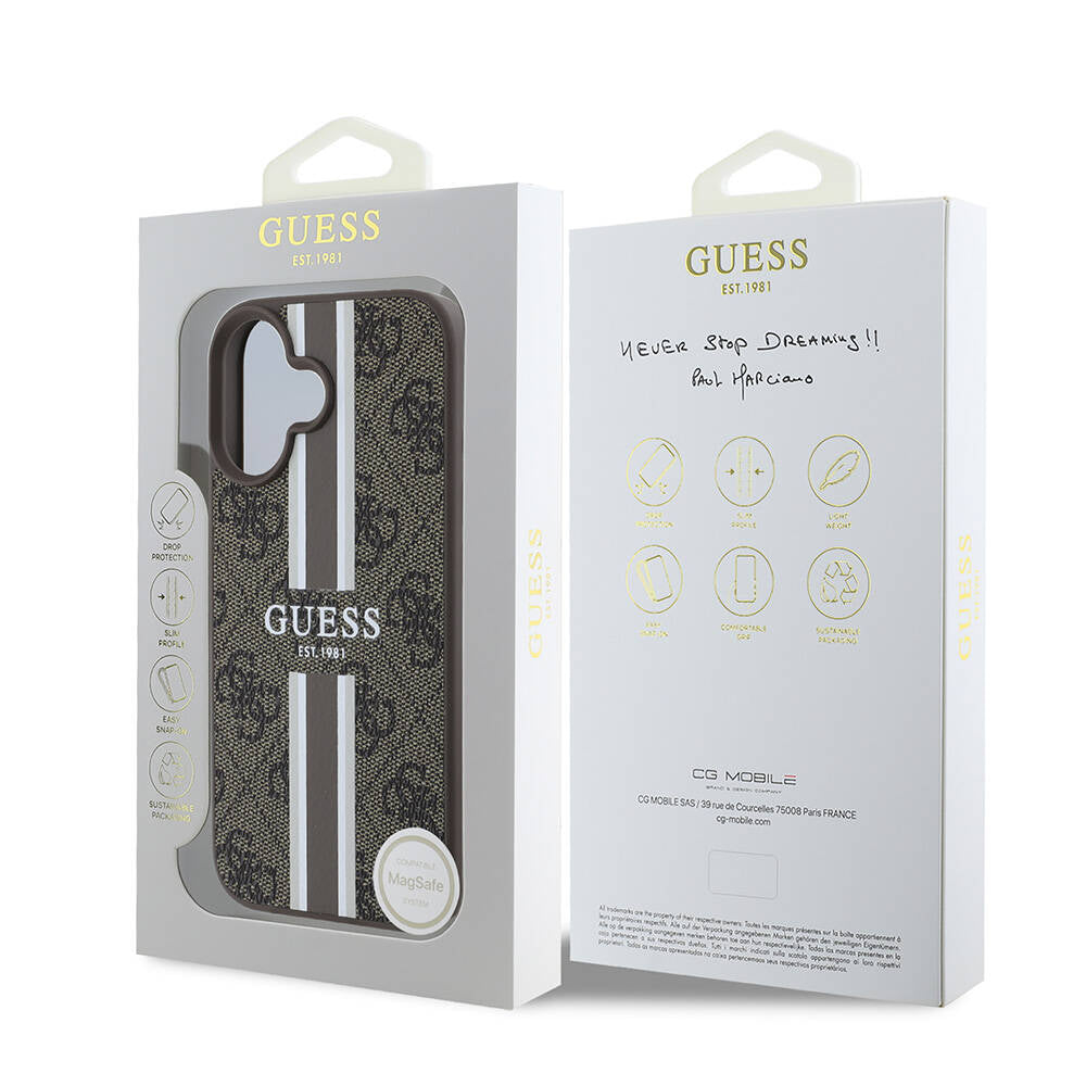 Θήκη MagSafe για Apple iPhone 16, Guess, 4G Printed Stripes, Καφέ