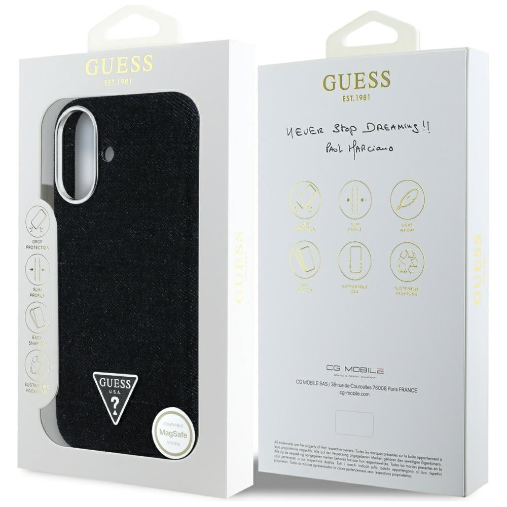 Θήκη MagSafe για Apple iPhone 16, Guess, Denim Triangle Logo, Μαύρη