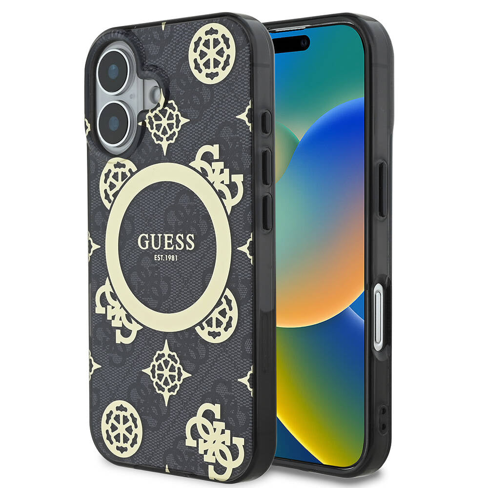 Θήκη MagSafe για Apple iPhone 16, Guess, IML 4G Peony, Μαύρη GUHMP16SH4PYEEK