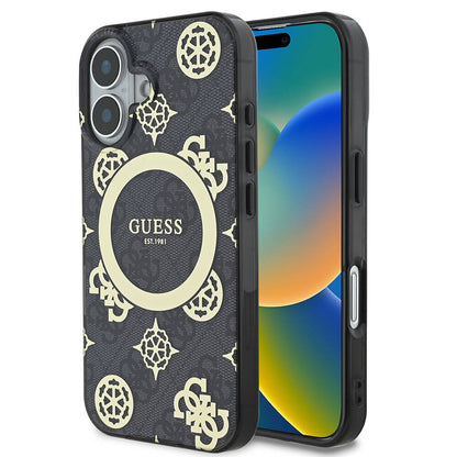 Θήκη MagSafe για Apple iPhone 16, Guess, IML 4G Peony, Μαύρη GUHMP16SH4PYEEK