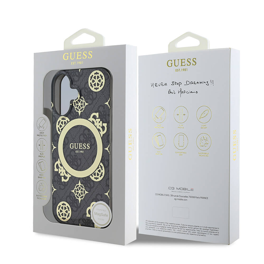 Θήκη MagSafe για Apple iPhone 16, Guess, IML 4G Peony, Μαύρη GUHMP16SH4PYEEK