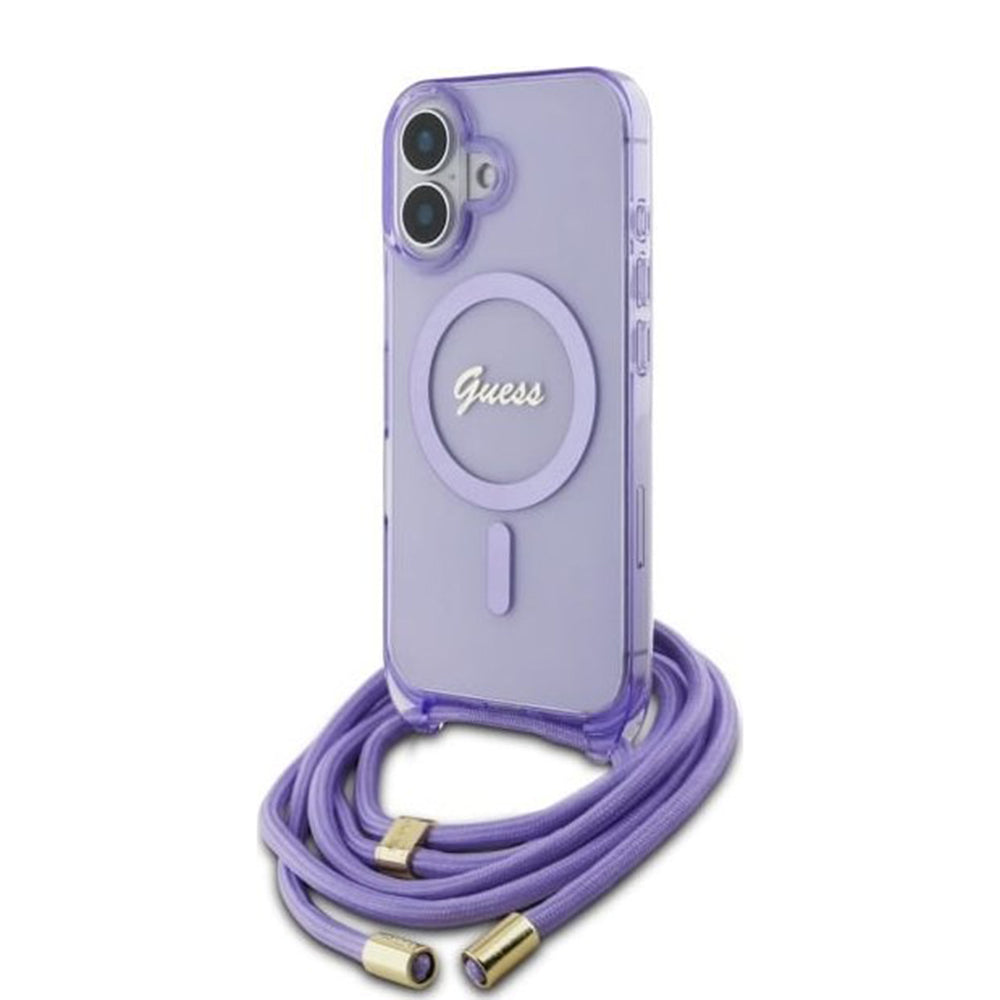 Θήκη MagSafe για Apple iPhone 16, Guess, IML Crossbody Cord Script, Μωβ
