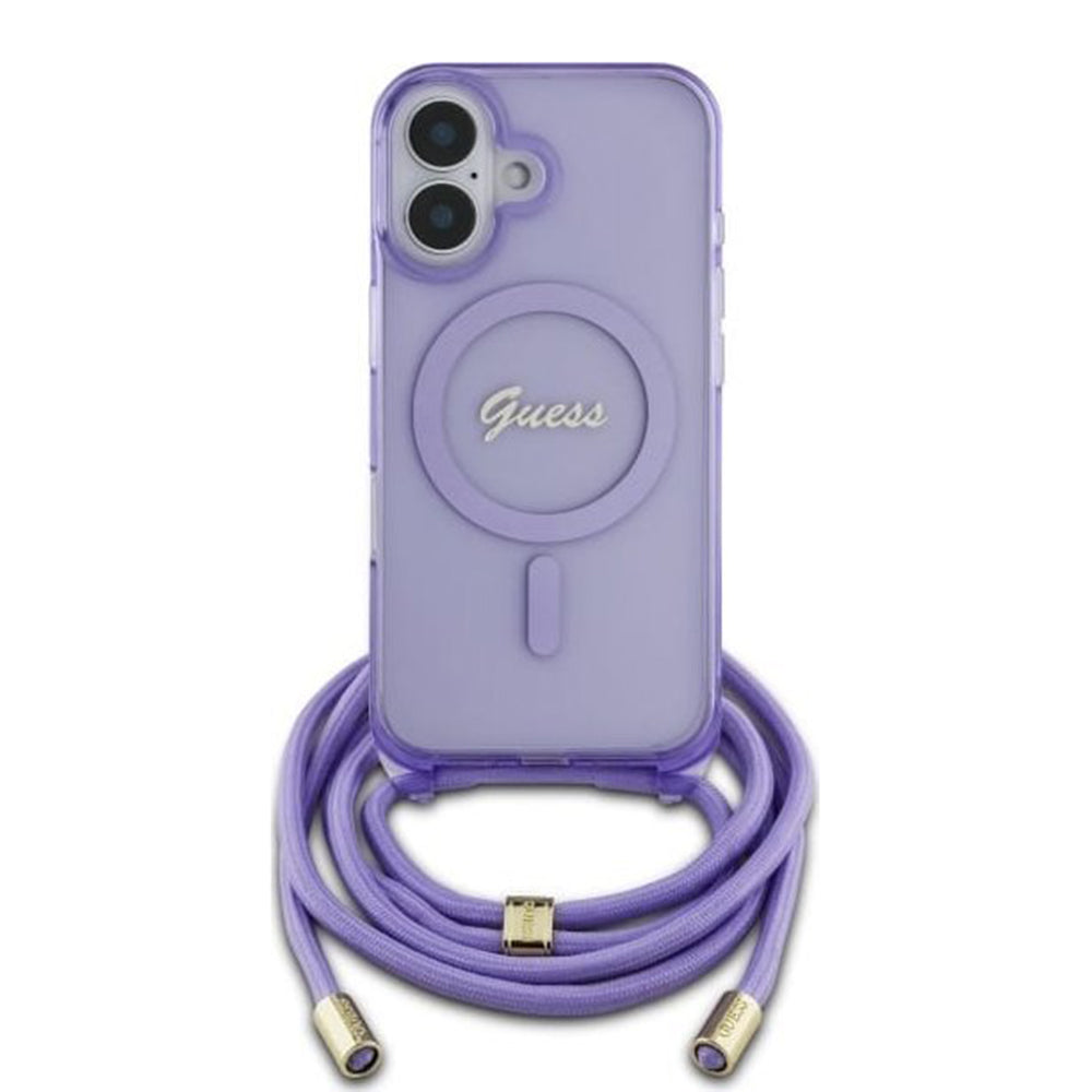 Θήκη MagSafe για Apple iPhone 16, Guess, IML Crossbody Cord Script, Μωβ