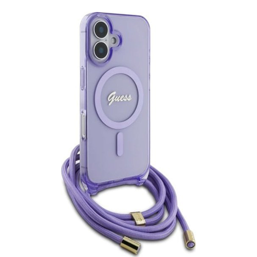 Θήκη MagSafe για Apple iPhone 16, Guess, IML Crossbody Cord Script, Μωβ