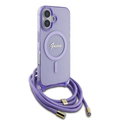 Θήκη MagSafe για Apple iPhone 16, Guess, IML Crossbody Cord Script, Μωβ