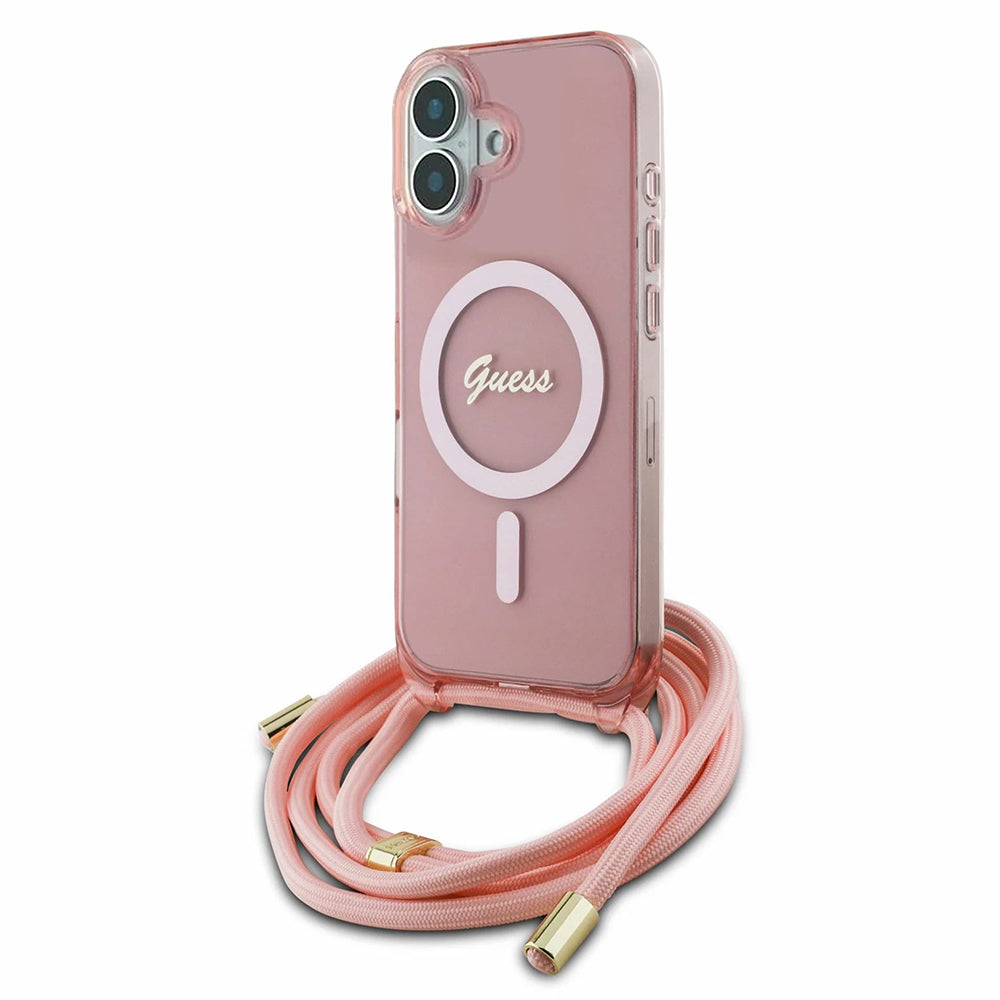 Θήκη MagSafe για Apple iPhone 16, Guess, IML Crossbody Cord Script, Ροζ