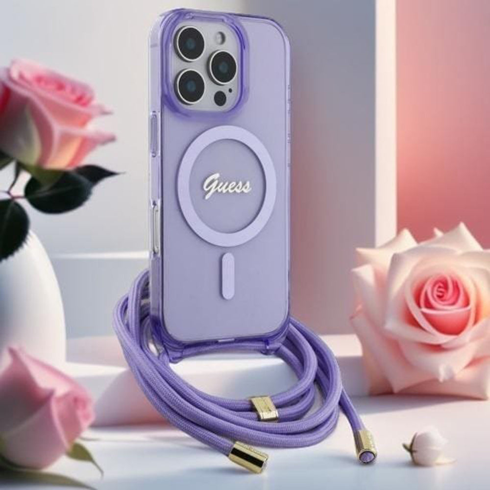 Θήκη MagSafe για Apple iPhone 16, Guess, IML Crossbody Cord Script, Ροζ