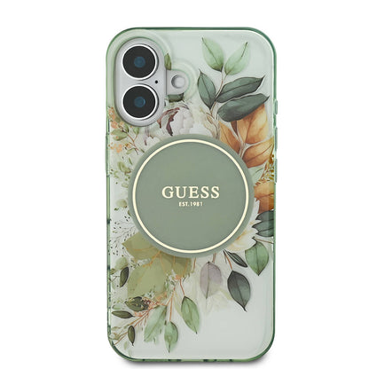 Θήκη MagSafe για Apple iPhone 16, Guess, IML Flower & Tonal Circle, Πράσινο