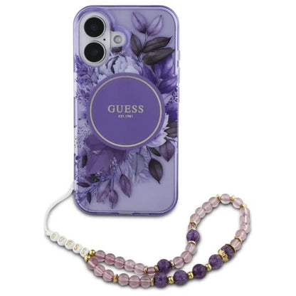 MagSafe Case for Apple iPhone 16, Guess, IML Flowers with Pearl Strap, Purple
