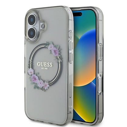 Θήκη MagSafe για Apple iPhone 16, Guess, IML Flowers Wreath, Μαύρη