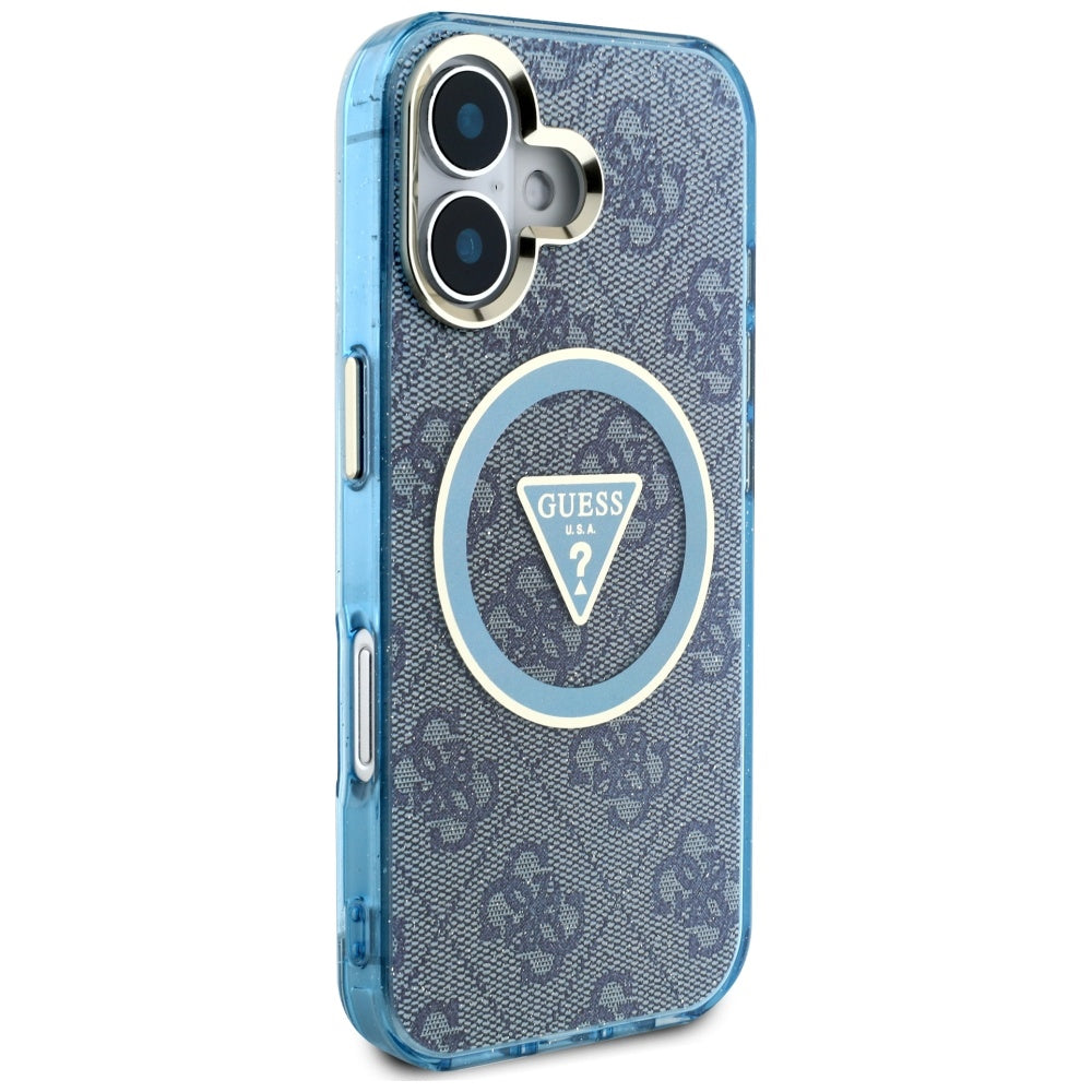 MagSafe Case for Apple iPhone 16, Guess, IML Glitter 4G Circle Triangle, Blue