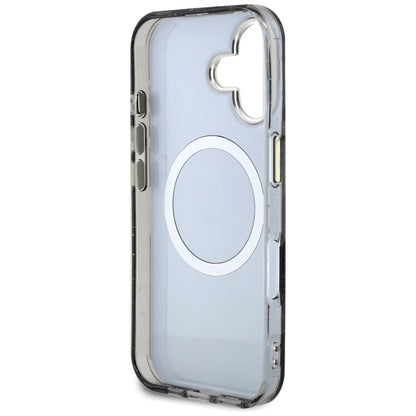 MagSafe Case for Apple iPhone 16, Guess, IML Metal Glitter Flowers Triangle, Black