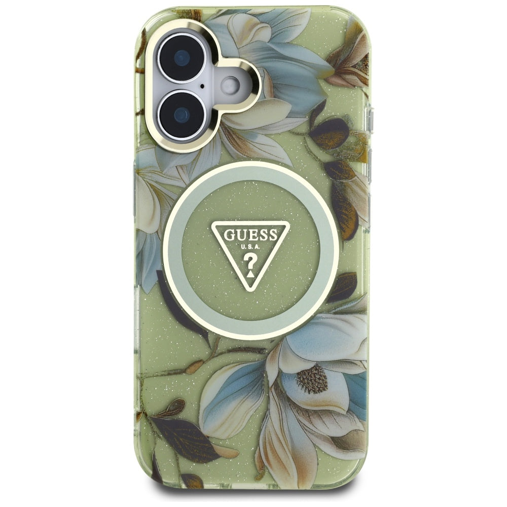 Θήκη MagSafe για Apple iPhone 16, Guess, IML Metal Glitter Flowers Triangle, Πράσινο