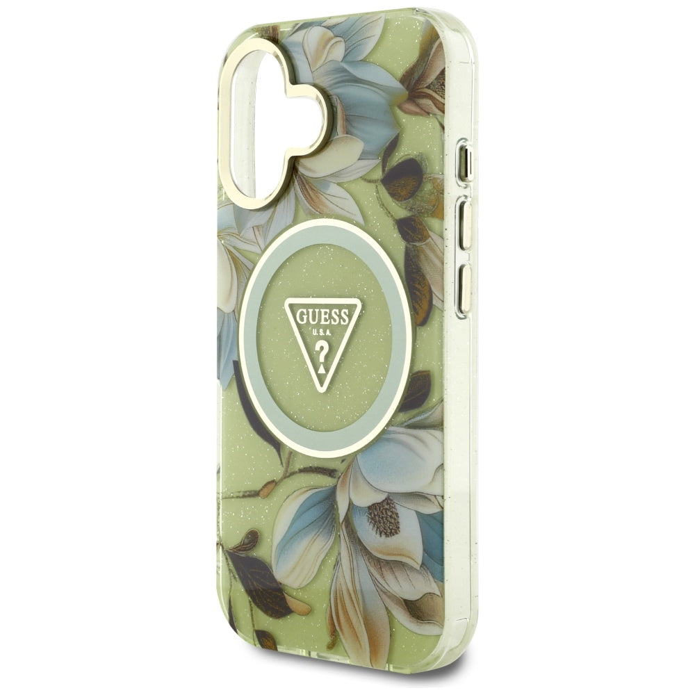 Θήκη MagSafe για Apple iPhone 16, Guess, IML Metal Glitter Flowers Triangle, Πράσινο