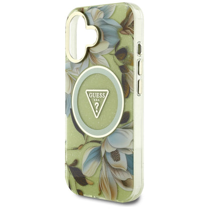 Θήκη MagSafe για Apple iPhone 16, Guess, IML Metal Glitter Flowers Triangle, Πράσινο