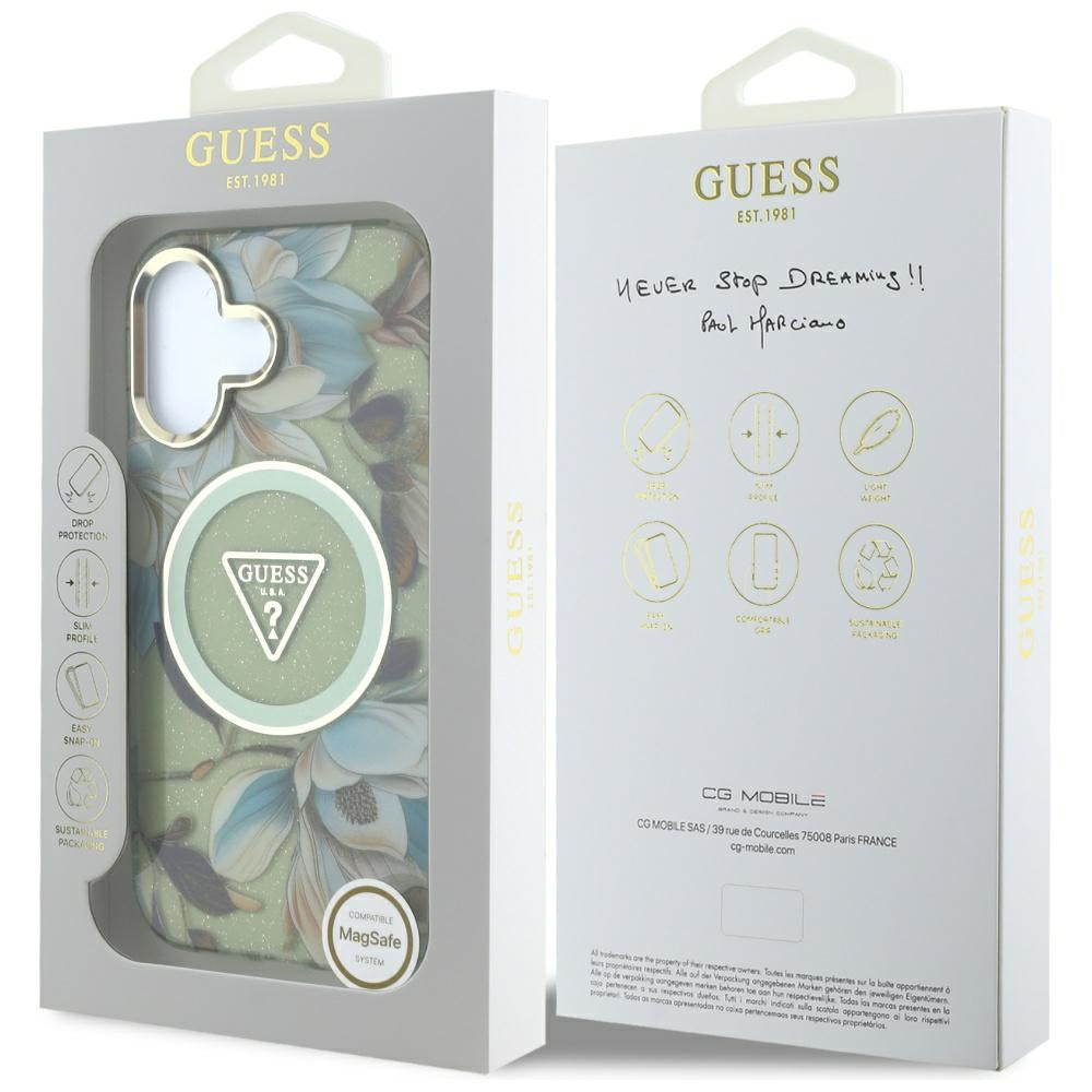 Θήκη MagSafe για Apple iPhone 16, Guess, IML Metal Glitter Flowers Triangle, Πράσινο