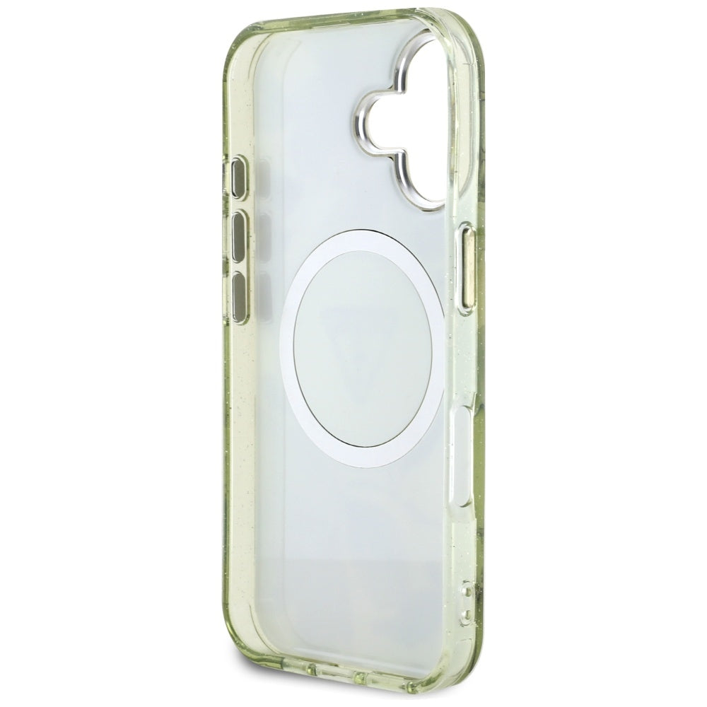 Θήκη MagSafe για Apple iPhone 16, Guess, IML Metal Glitter Flowers Triangle, Πράσινο