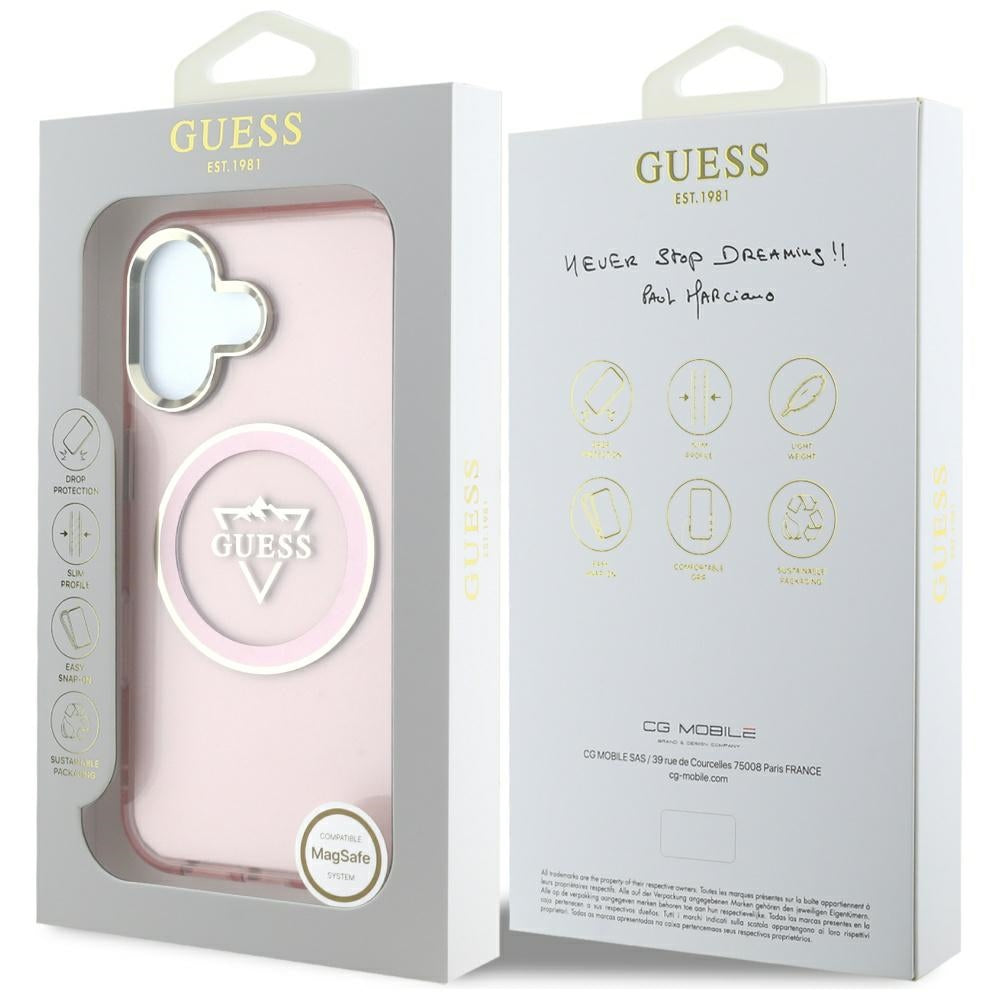 Θήκη MagSafe για Apple iPhone 16, Guess, IML Metal Mountain Logo, Ροζ