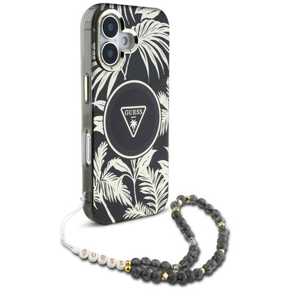 Θήκη MagSafe για Apple iPhone 16, Guess, IML Palm Trees Triangle με Pearl Strap, Μαύρη