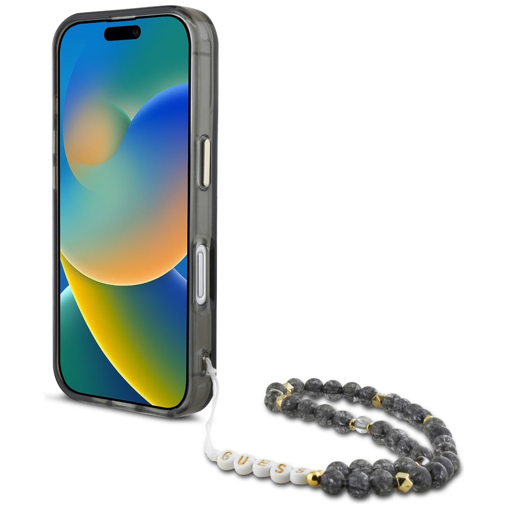 Θήκη MagSafe για Apple iPhone 16, Guess, IML Palm Trees Triangle με Pearl Strap, Μαύρη