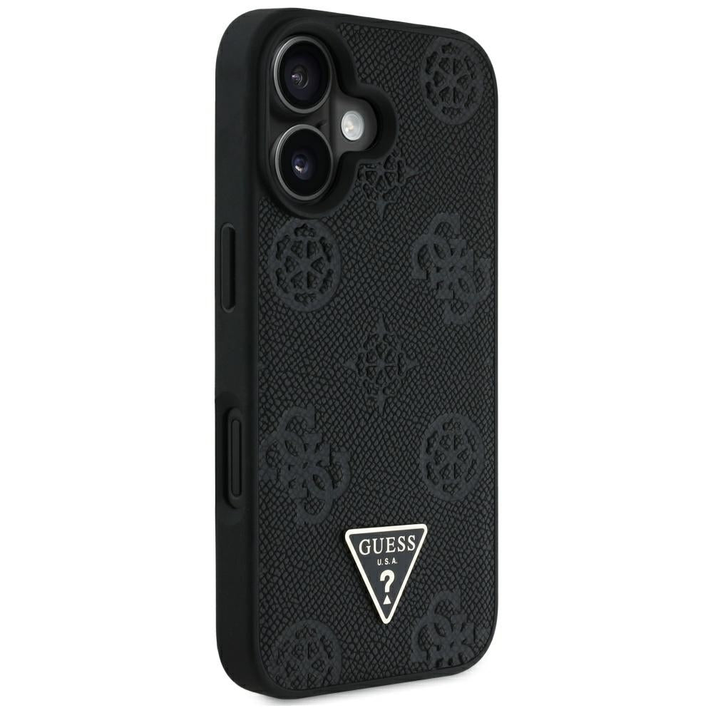 MagSafe Case for Apple iPhone 16, Guess, Peony Grained Hot Stamp Triangle, Black
