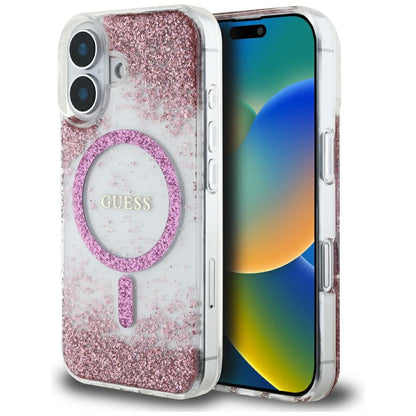 MagSafe Case for Apple iPhone 16, Guess, Resin Bottom Glitter, Pink