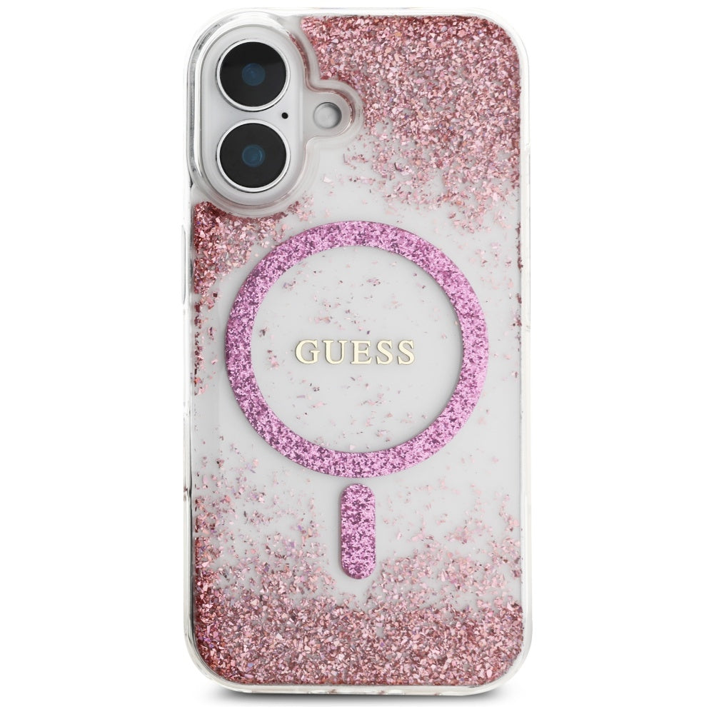 MagSafe Case for Apple iPhone 16, Guess, Resin Bottom Glitter, Pink