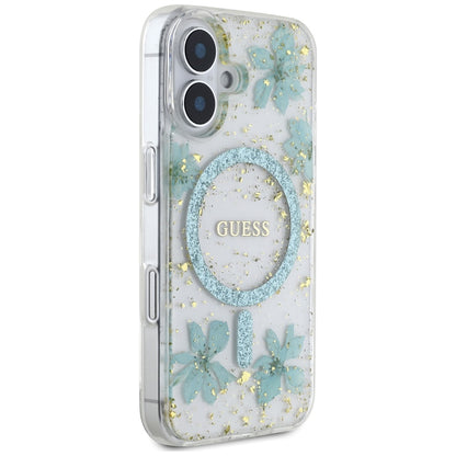 Θήκη MagSafe για Apple iPhone 16, Guess, Resin Flowers and Glitter, Τυρκουάζ