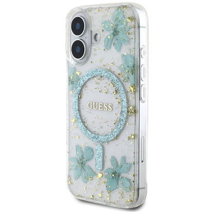Θήκη MagSafe για Apple iPhone 16, Guess, Resin Flowers and Glitter, Τυρκουάζ