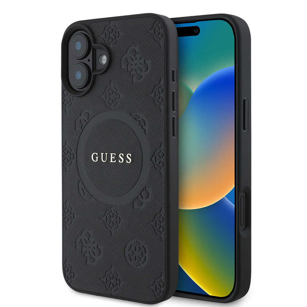 Θήκη MagSafe για Apple iPhone 16, Guess, Saffiano Peony Classic Logo, Μαύρη