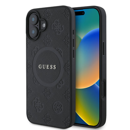 Θήκη MagSafe για Apple iPhone 16, Guess, Saffiano Peony Classic Logo, Μαύρη