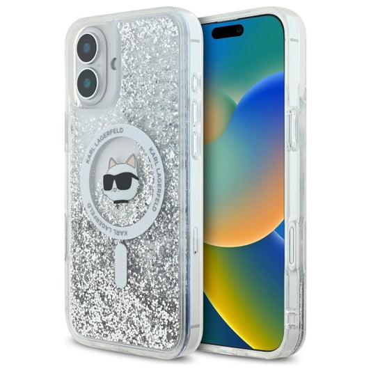 MagSafe Case for Apple iPhone 16, Karl Lagerfeld, Glitter Liquid Choupette Head, Transparent
