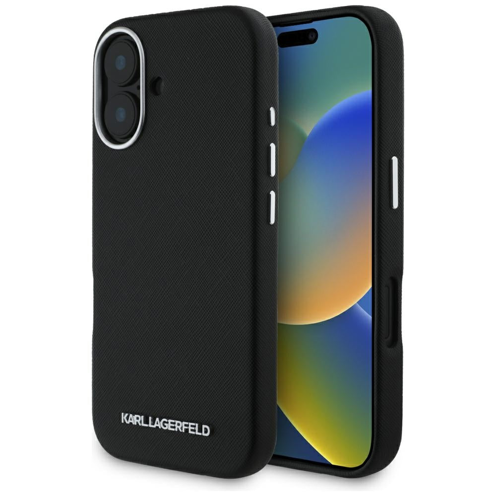 Θήκη MagSafe για Apple iPhone 16, Karl Lagerfeld, Saffiano Full Wrapped Elongated Metal Logo, Μαύρη