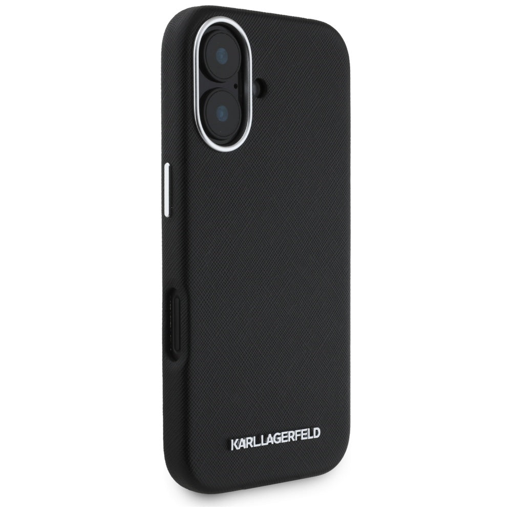 Θήκη MagSafe για Apple iPhone 16, Karl Lagerfeld, Saffiano Full Wrapped Elongated Metal Logo, Μαύρη