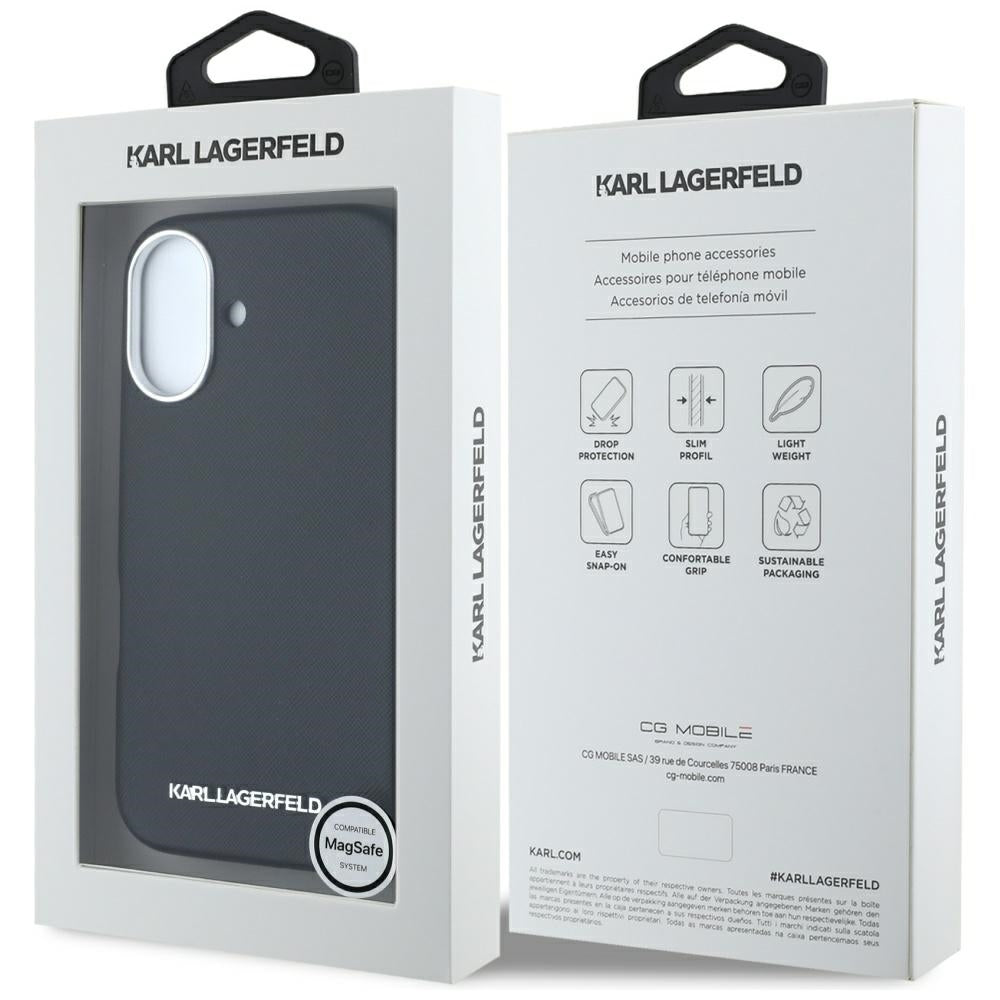 Θήκη MagSafe για Apple iPhone 16, Karl Lagerfeld, Saffiano Full Wrapped Elongated Metal Logo, Μαύρη