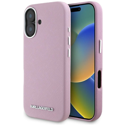 Θήκη MagSafe για Apple iPhone 16, Karl Lagerfeld, Saffiano Full Wrapped Elongated Metal Logo, Ροζ
