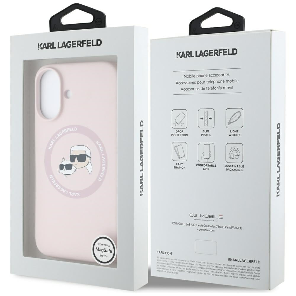 Θήκη MagSafe για Apple iPhone 16, Karl Lagerfeld, Σιλικόνη Karl & Choupette's Heads, Ροζ