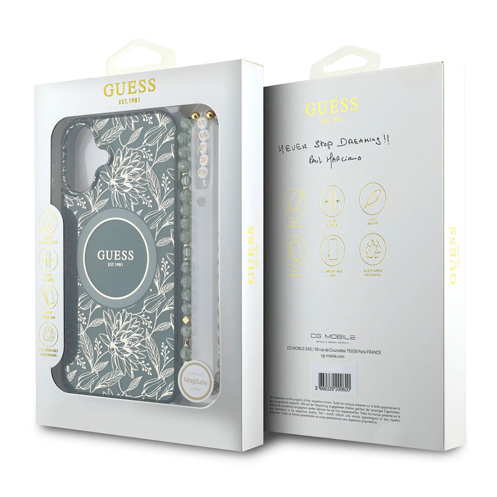MagSafe Case for Apple iPhone 16 Plus, Guess, IML Flowers Allover Electroplated with Pearl Strap, Green