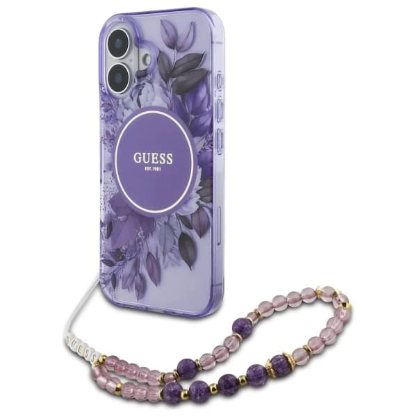 Θήκη MagSafe για Apple iPhone 16 Plus, Guess, IML Flowers with Pearl Strap, Μωβ