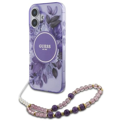 Θήκη MagSafe για Apple iPhone 16 Plus, Guess, IML Flowers with Pearl Strap, Μωβ