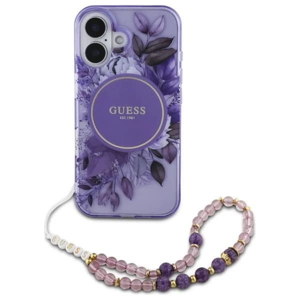 Θήκη MagSafe για Apple iPhone 16 Plus, Guess, IML Flowers with Pearl Strap, Μωβ