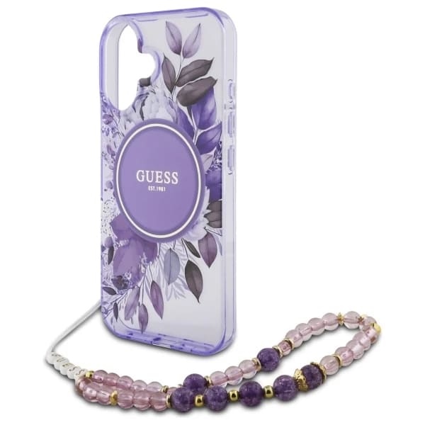Θήκη MagSafe για Apple iPhone 16 Plus, Guess, IML Flowers with Pearl Strap, Μωβ