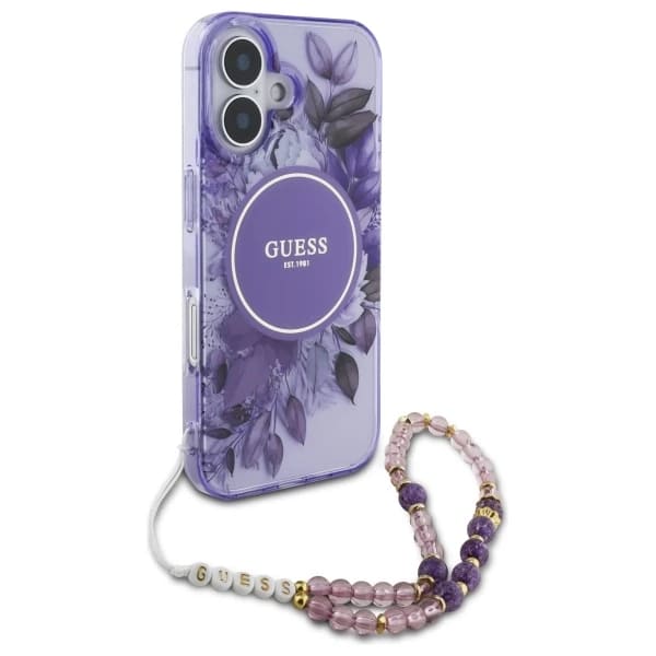 Θήκη MagSafe για Apple iPhone 16 Plus, Guess, IML Flowers with Pearl Strap, Μωβ