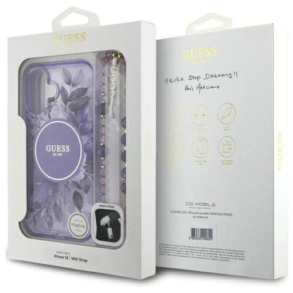 Θήκη MagSafe για Apple iPhone 16 Plus, Guess, IML Flowers with Pearl Strap, Μωβ