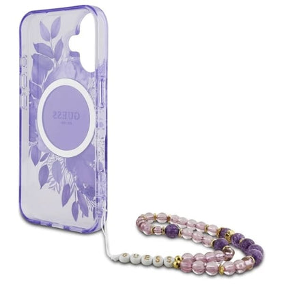 Θήκη MagSafe για Apple iPhone 16 Plus, Guess, IML Flowers with Pearl Strap, Μωβ