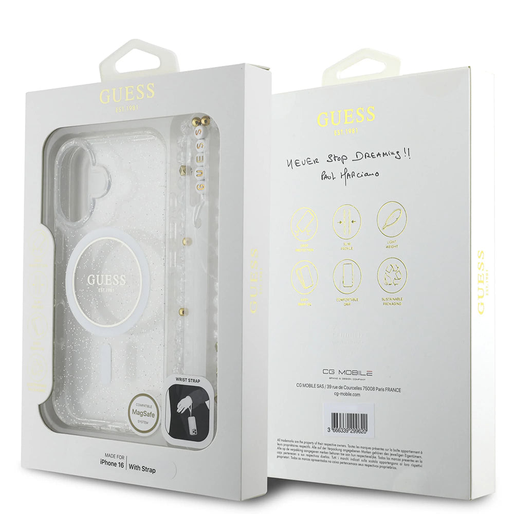 Θήκη MagSafe για Apple iPhone 16 Plus, Guess, IML Glitter με Λουράκι Περλών, Διάφανη