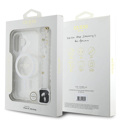 Θήκη MagSafe για Apple iPhone 16 Plus, Guess, IML Glitter με Λουράκι Περλών, Διάφανη