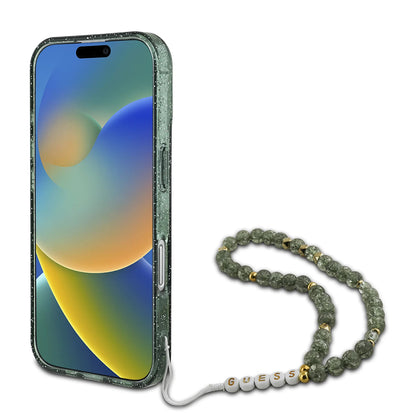 Θήκη MagSafe για Apple iPhone 16 Plus, Guess, IML Glitter με Λουράκι Μαργαριταριού, Πράσινη