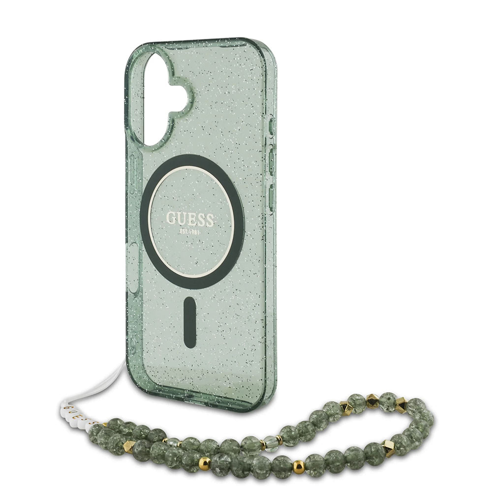 Θήκη MagSafe για Apple iPhone 16 Plus, Guess, IML Glitter με Λουράκι Μαργαριταριού, Πράσινη